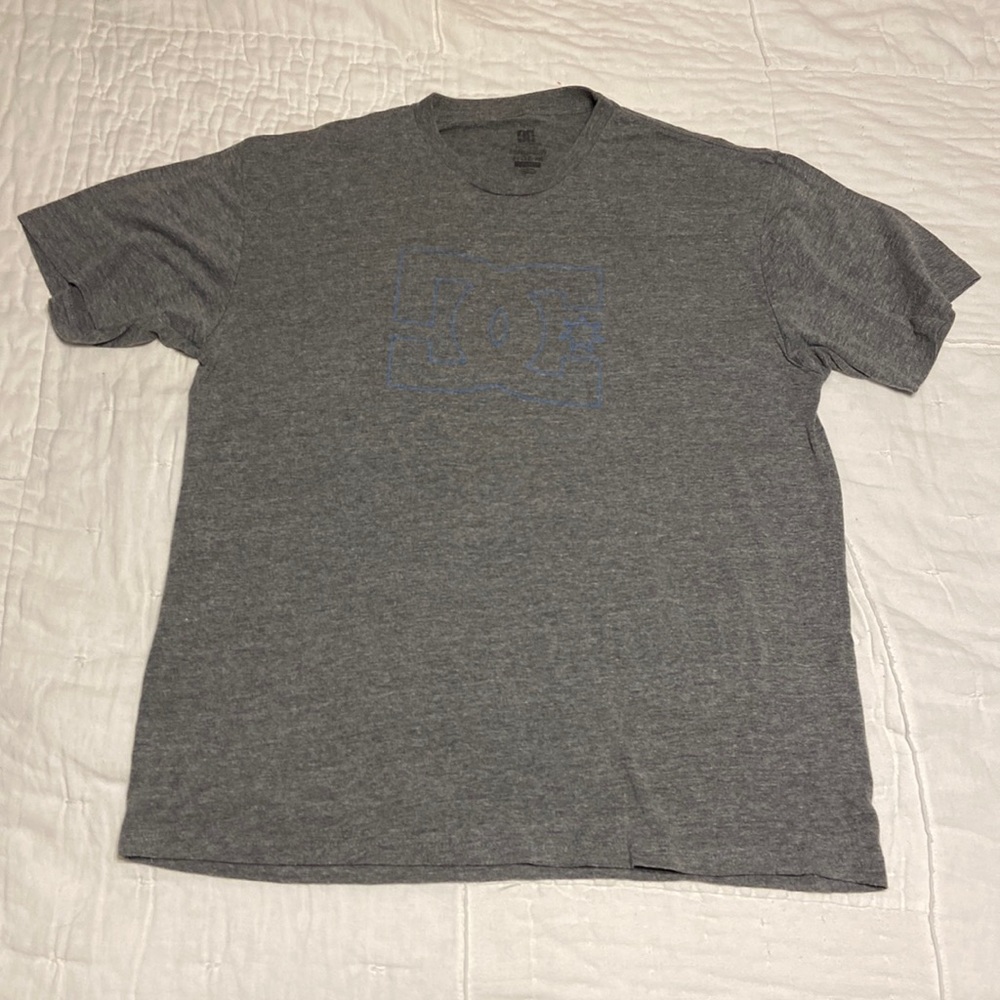 DC Graphic Tee. Large. Gray w/Baby Blue Lettering.
